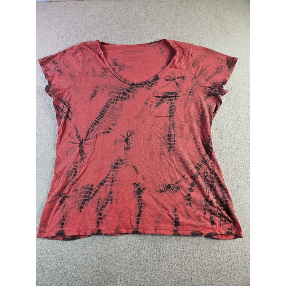 Calvin Klein Jeans Women's 0X Red Black Tie Dye Pocket Short Sleeve Top Tee